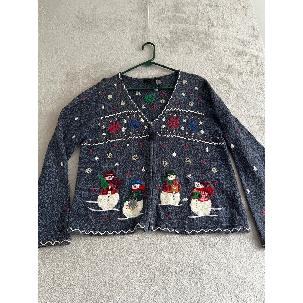 Vintage Erika Petite Blue Marled Snowman Embroidered Zip up Cardigan Sweater‎ PL